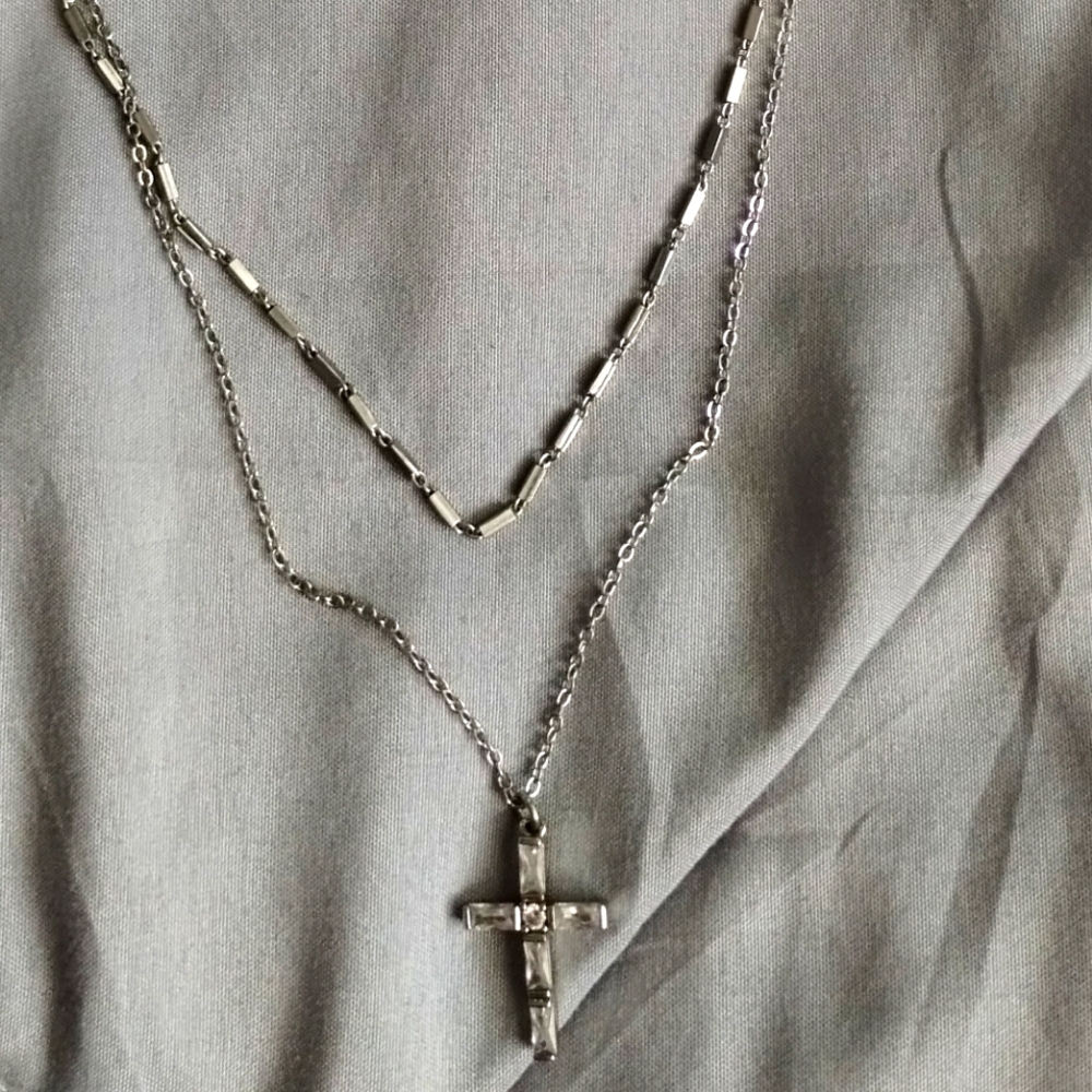 Two Layered Silver Cross Necklace - Picture 3 of 4